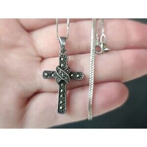 Italian 925 Sterling Silver Marcasite Cross Pendant Necklace Vintage, READ